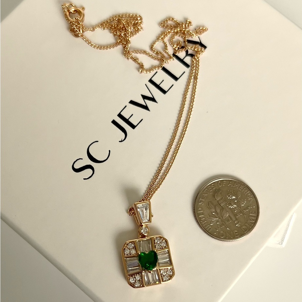 Emerald Heart Necklace Baguette Stone 18k Gold Plated Luxury Jewelry - Picture 6 of 10